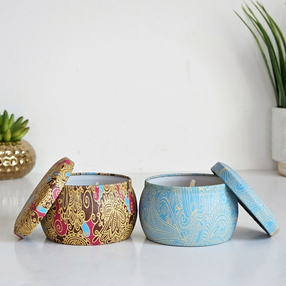 2 New Aromatherapy Bohemian Tin Candles Natural Soy Wax Mediterranean Fig, Lemon - Picture 5 of 12